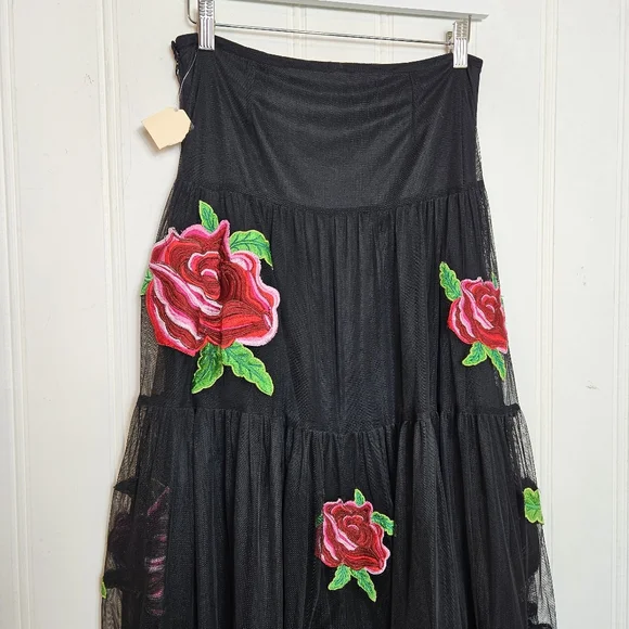 Black Midi Skirt with Red Rose Embroidery - Picture 7 of 14